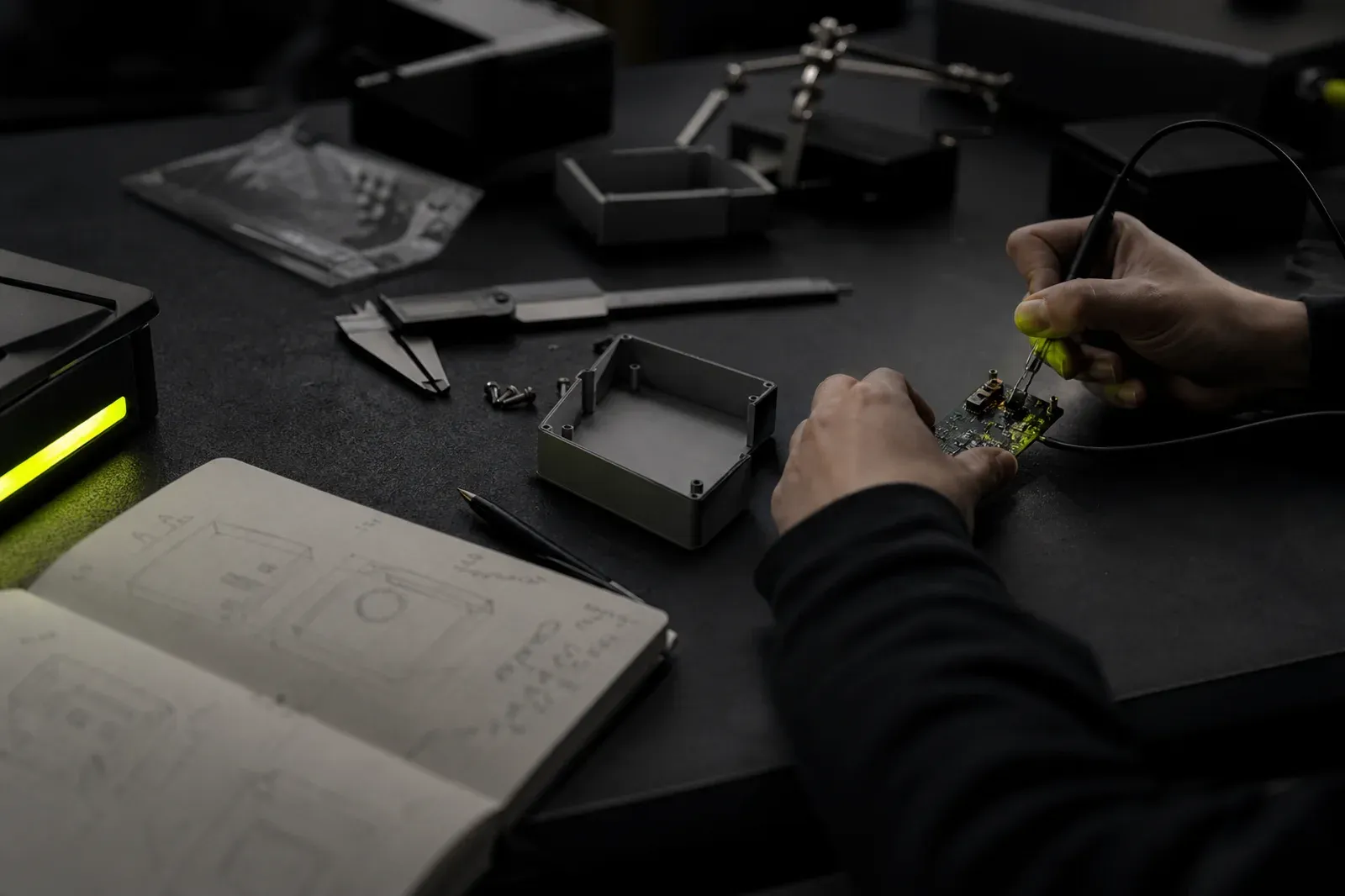 Hands testing an early electronics prototype at a dark engineering workbench